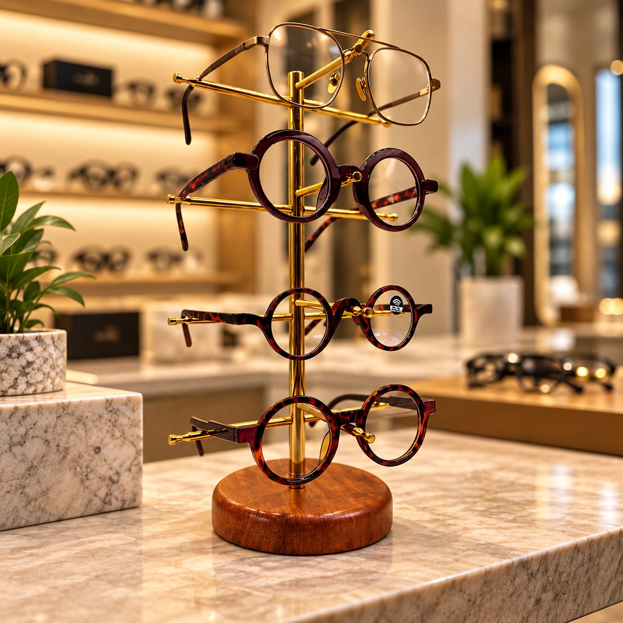 Premium Brass Eyewear Display Stand with Solid Wood Base