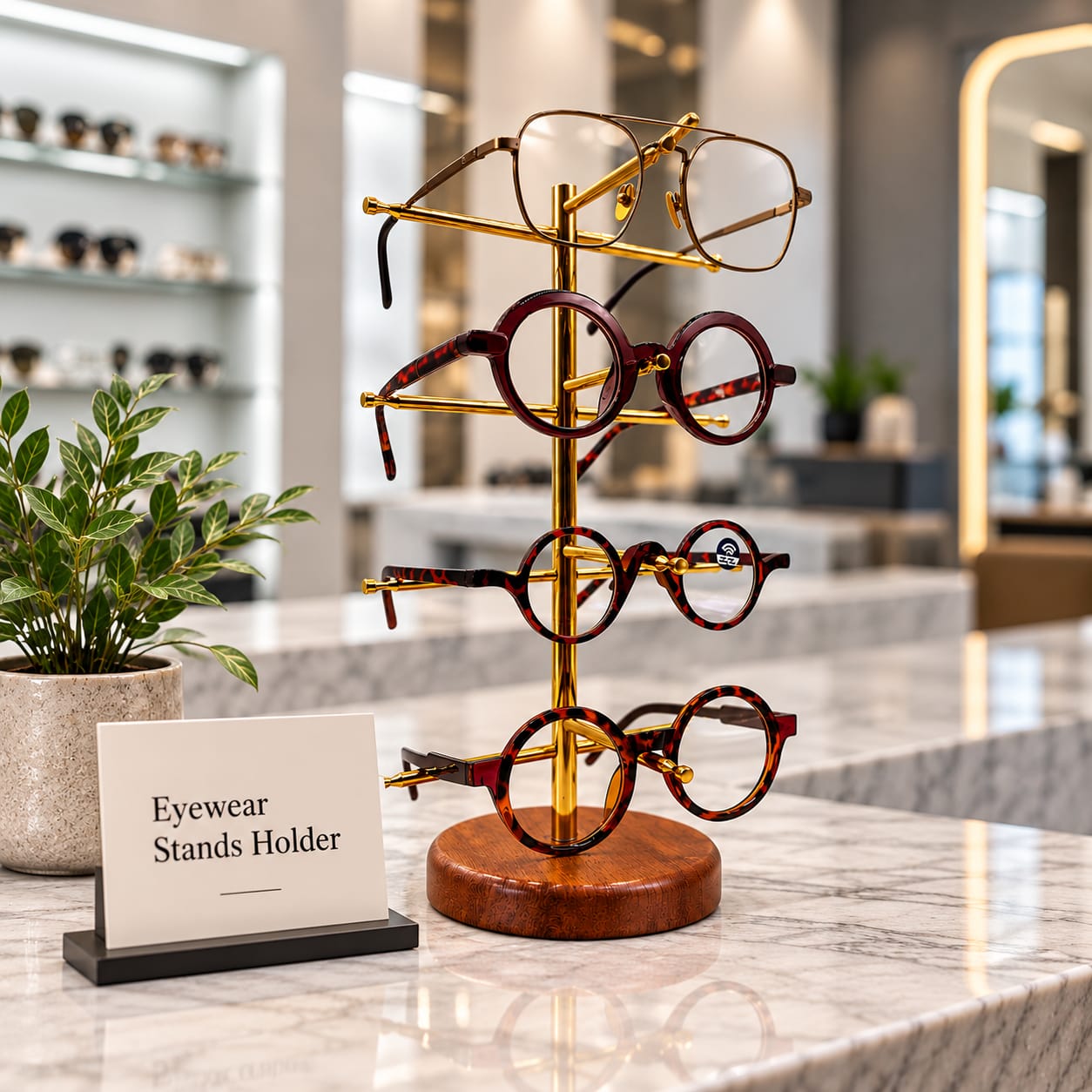 Premium Brass Eyewear Display Stand with Solid Wood Base